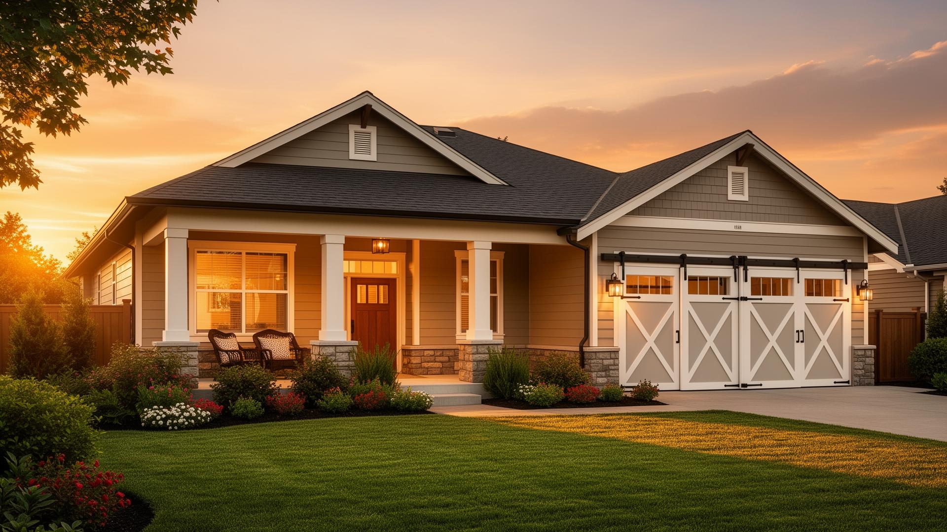 Beautiful craftsman home with farmhouse barn-style garage doors at golden hour sunset